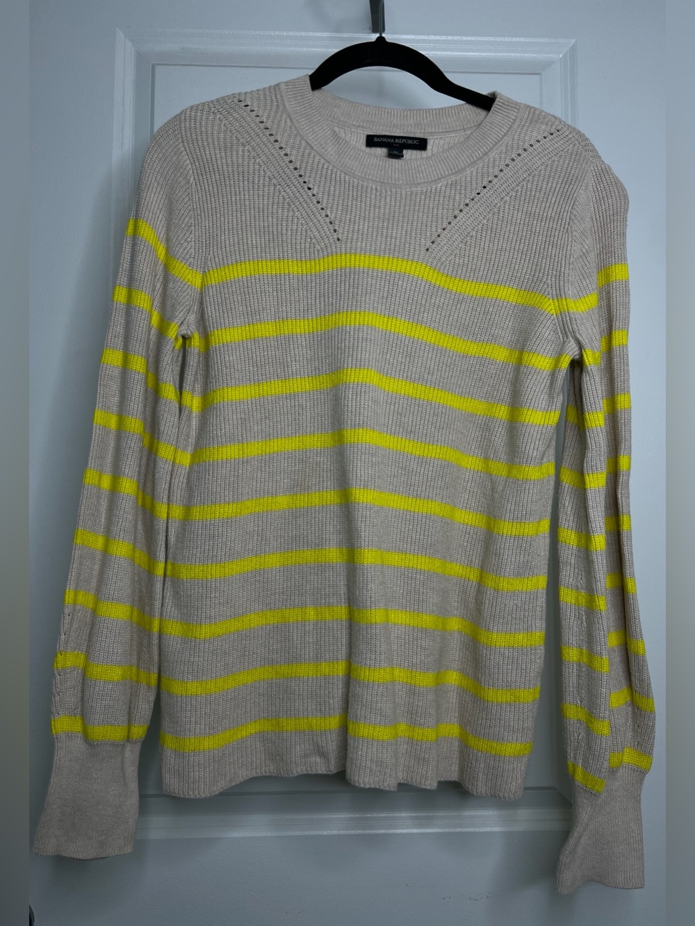 Banana Republic Tan & Neon Yellow Striped Ribbed Knit Crewneck Sweater Size M